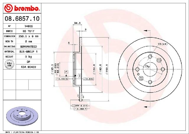 Disc Brake Rotor - Rear for 1990-1995 Mazda 323 (Brembo 08.6857.10)