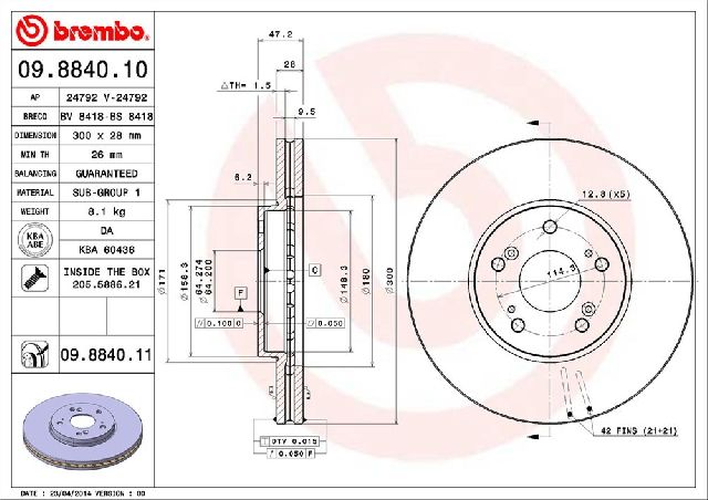 Disc Brake Rotor - Front for 2003-2008 Honda Pilot (Brembo 09.8840.11)