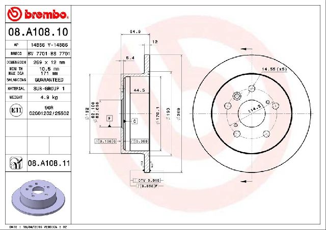 Disc Brake Rotor - Rear for 2002-2003 Lexus ES300 (Brembo 08.A108.11)