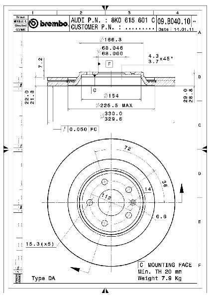 Disc Brake Rotor - Rear for 2010-2018 Audi A8 Quattro (Brembo 09.B040.11)