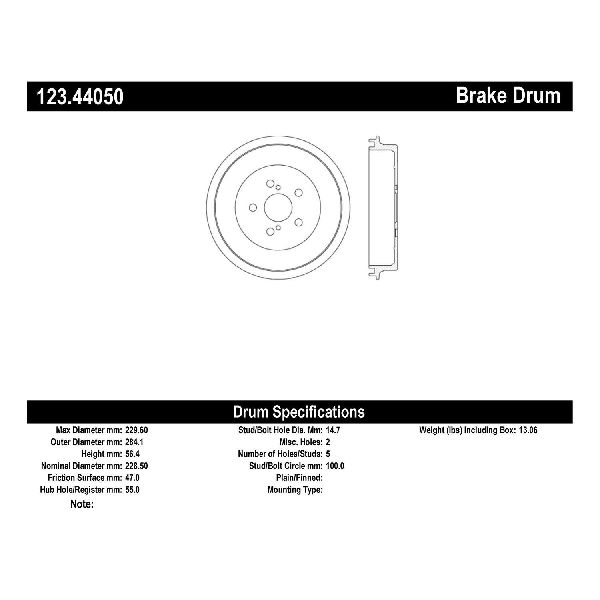 Brake Drum - Rear for 2009-2019 Toyota Corolla (Centric 123.44050)