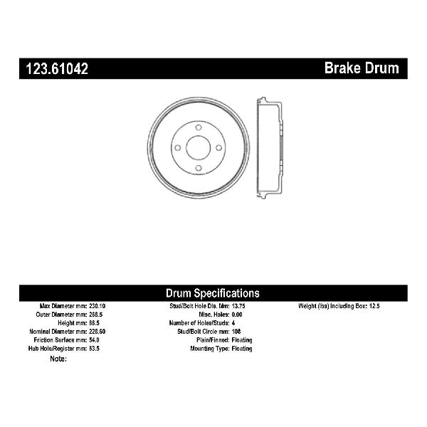 Brake Drum - Rear for 1999-2002 Mercury Cougar (Centric 123.61042)