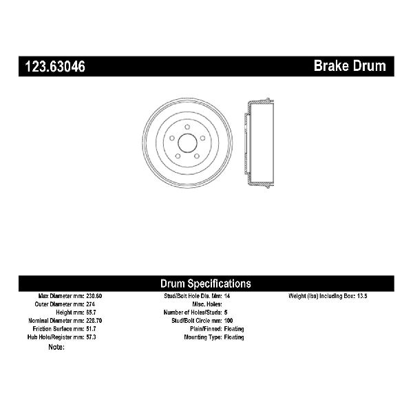 Brake Drum - Rear for 2003-2006 Dodge Stratus (Centric 123.63046)