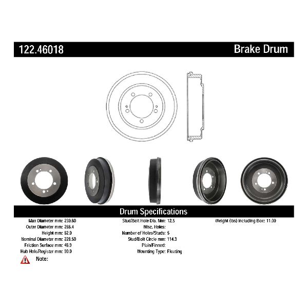 Brake Drum - Rear for 2001-2005 Dodge Stratus (Centric 122.46018)