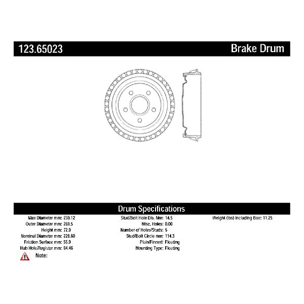 Brake Drum - Rear for 1983-1997 Ford Ranger (Centric 123.65023)