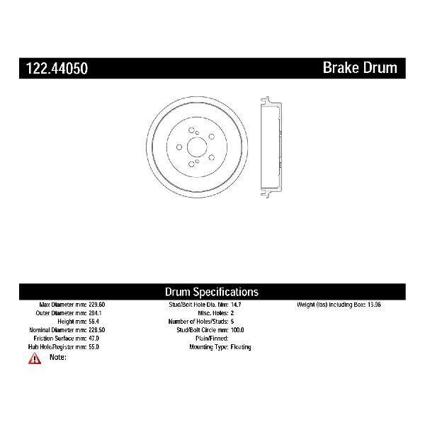Brake Drum - Rear for 2009-2019 Toyota Corolla (Centric 122.44050)