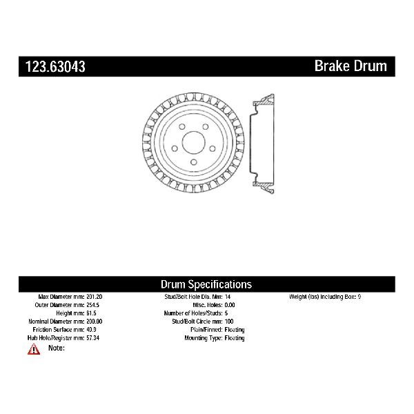 Brake Drum - Rear for 1995-2000 Dodge Stratus (Centric 123.63043)