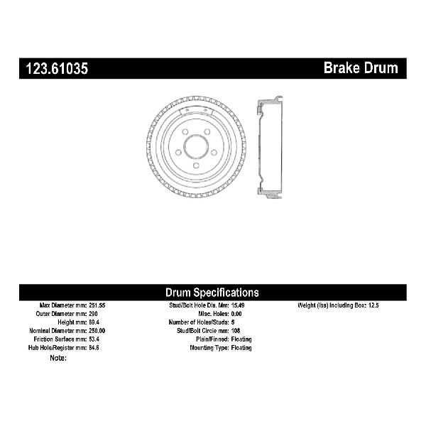 Brake Drum - Rear for 1989-1996 Mercury Cougar (Centric 123.61035)