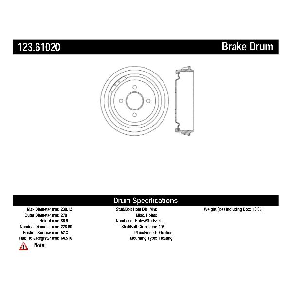 Brake Drum - Rear for 1979-1993 Ford Mustang (Centric 123.61020)