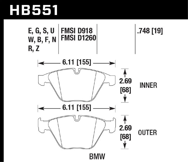 Disc Brake Pad Set - Front for 2015 BMW ActiveHybrid 7 (Hawk Performance HB551B.748)